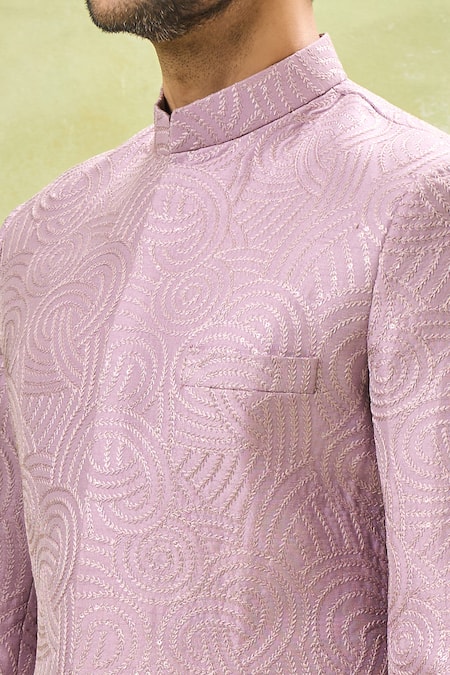Rng Safawala_Off White Silk Sequins, Embroidery Purple Thread Work Achkan Set _at_Aza_Fashions
