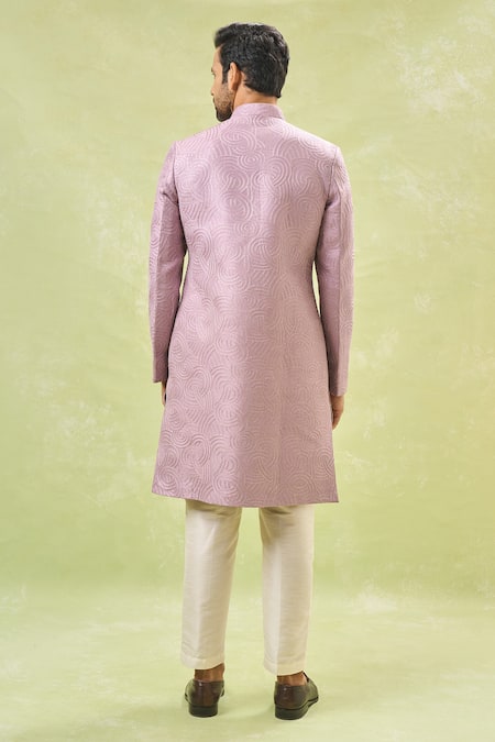 Shop_Rng Safawala_Off White Silk Sequins, Embroidery Purple Thread Work Achkan Set _at_Aza_Fashions
