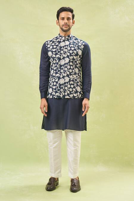 Shop_Rng Safawala_Blue Silk, Cotton Embroidery Dori Bundi And Kurta Set _Online_at_Aza_Fashions