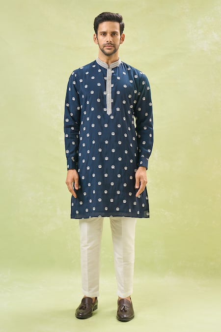 Rng Safawala_Blue Silk, Cotton Embroidery Floral Dori Bundi And Kurta Set _Online_at_Aza_Fashions