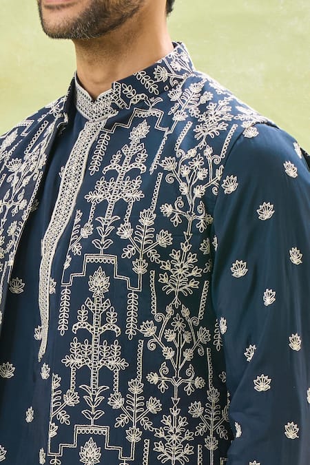 Shop_Rng Safawala_Blue Silk, Cotton Embroidery Floral Dori Bundi And Kurta Set _Online_at_Aza_Fashions