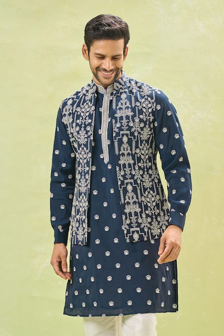 Buy_Rng Safawala_Blue Silk, Cotton Embroidery Floral Dori Bundi And Kurta Set 
