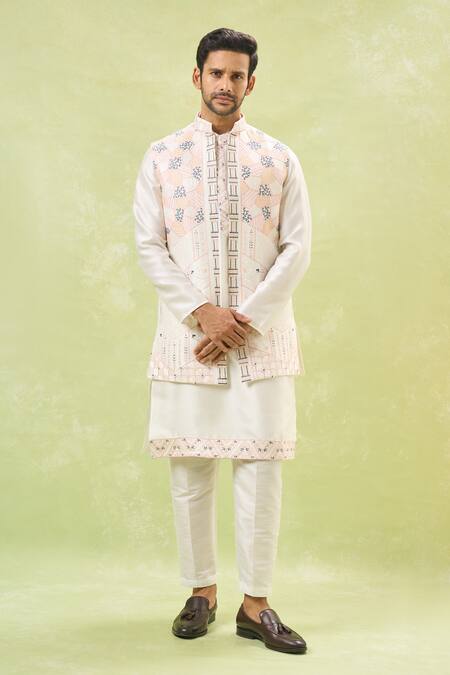 Buy_Rng Safawala_Off White Silk Sequins, Embroidery Bundi Kurta Set _Online_at_Aza_Fashions