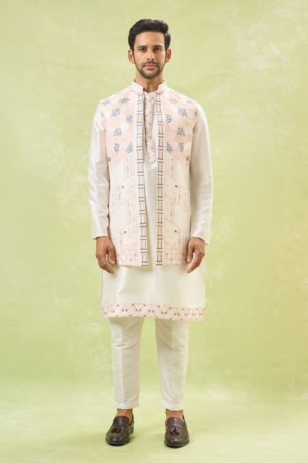 Shop_Rng Safawala_Off White Silk Sequins, Embroidery Bundi Kurta Set _Online_at_Aza_Fashions