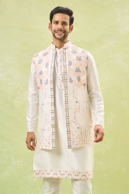 Rng Safawala_Off White Silk Sequins, Embroidery Bundi Kurta Set _at_Aza_Fashions
