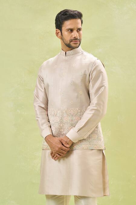 Buy Rng Safawala Beige Silk, Cotton Sequins, Embroidery Animal Bundi And Kurta Set Online at Aza Fashions Buy_Rng Safawala_Beige Silk, Cotton Sequins, Embroidery Animal Bundi And Kurta Set_Online_at_Aza_Fashions