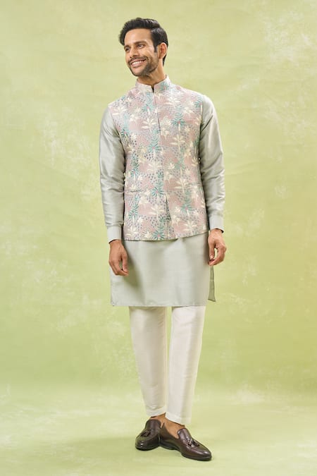 Shop Rng Safawala Green Silk Sequins, Embroidery Tropical Bundi And Kurta Set Shop_Rng Safawala_Green Silk Sequins, Embroidery Tropical Bundi And Kurta Set