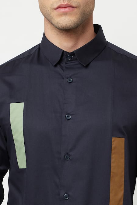 Lacquer Embassy_Blue Cotton Satin Plain Alipus Shirt _at_Aza_Fashions