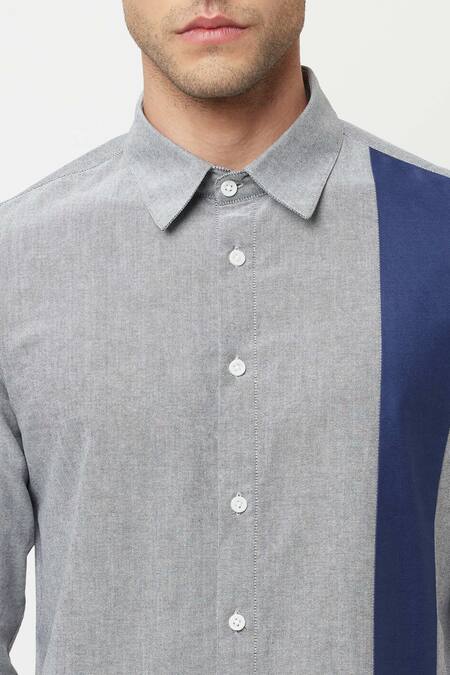 Lacquer Embassy_Grey Cotton Chambray Plain Torsive Colorblock Shirt _at_Aza_Fashions