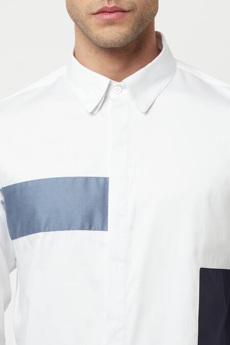 Lacquer Embassy Blue Cotton Satin Plain Elote Colorblock Shirt at Aza Fashions Lacquer Embassy_Blue Cotton Satin Plain Elote Colorblock Shirt _at_Aza_Fashions