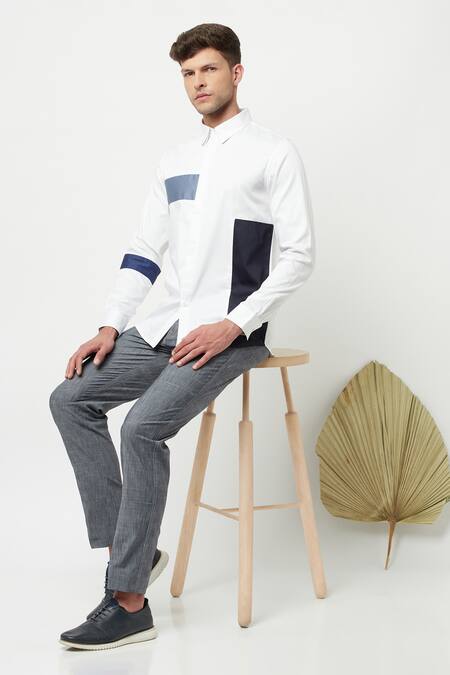 Buy Lacquer Embassy Blue Cotton Satin Plain Elote Colorblock Shirt Online at Aza Fashions Buy_Lacquer Embassy_Blue Cotton Satin Plain Elote Colorblock Shirt _Online_at_Aza_Fashions