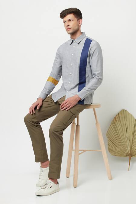 Buy_Lacquer Embassy_Grey Cotton Chambray Plain Torsive Colorblock Shirt _Online_at_Aza_Fashions