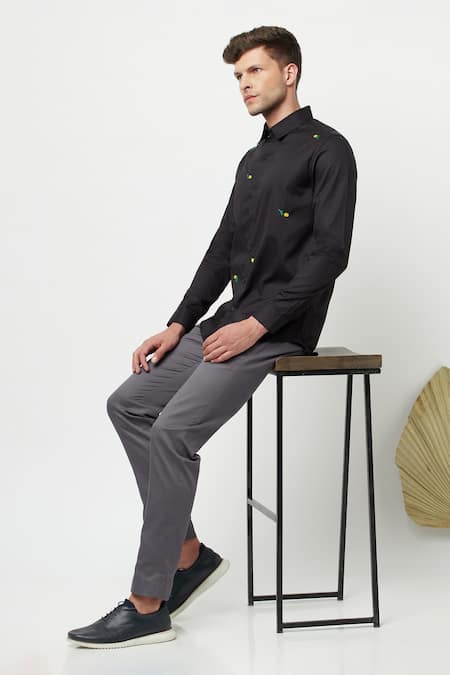 Buy Lacquer Embassy Black Cotton Satin Floral Minero Embroidered Shirt Online at Aza Fashions Buy_Lacquer Embassy_Black Cotton Satin Floral Minero Embroidered Shirt _Online_at_Aza_Fashions