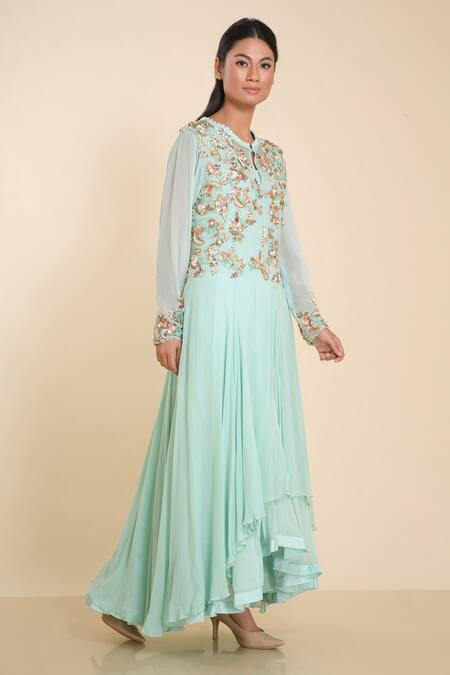 Preeti Jhawar_Green Georgette Round Embroidered Kurta And Pant Set_Online_at_Aza_Fashions