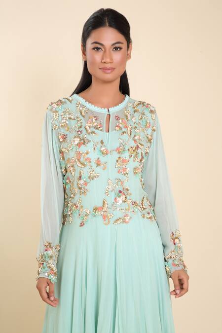 Buy_Preeti Jhawar_Green Georgette Round Embroidered Kurta And Pant Set_Online_at_Aza_Fashions