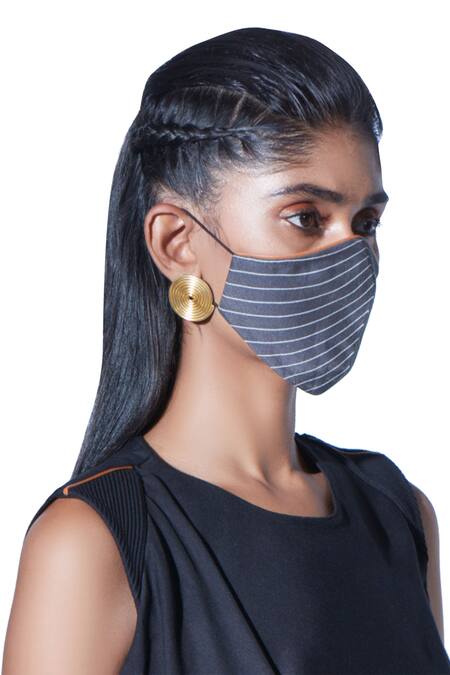 Ampm_Grey Printed Chanderi Unisex Face Mask Single Pc_Online_at_Aza_Fashions