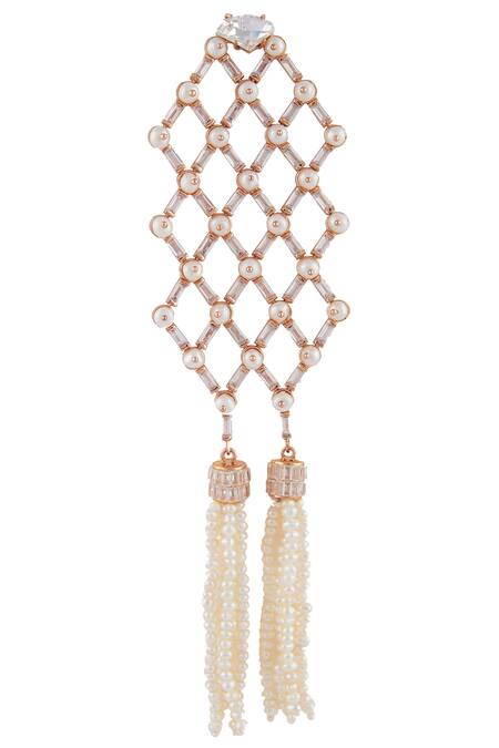 Outhouse Gold Plated Pearls, Tassels Earrings Encrusted With Online at Aza Fashions Outhouse_Gold Plated Pearls, Tassels Earrings Encrusted With_Online_at_Aza_Fashions
