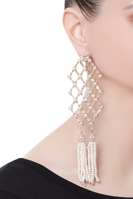 Outhouse Gold Plated Tassel Earrings Encrusted With Pearls 