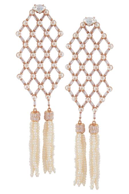 Shop Outhouse Gold Plated Pearls, Tassels Earrings Encrusted With at Aza Fashions Shop_Outhouse_Gold Plated Pearls, Tassels Earrings Encrusted With_at_Aza_Fashions