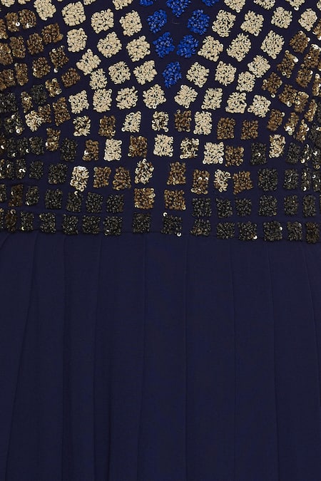 Huemn_Blue Silk Embroidered Beads Notched Round Embellished Flared Gown  _at_Aza_Fashions