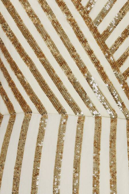 Huemn_White Silk Embroidered Beads Notched Round Embellished Wrap Gown  _at_Aza_Fashions