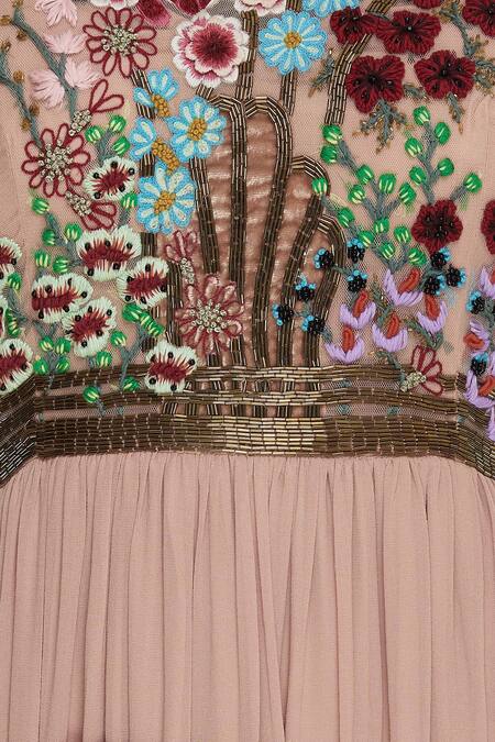 Huemn_Pink Silk Embroidered Beads Notched Round Hand Floral Sequins Gown  _at_Aza_Fashions