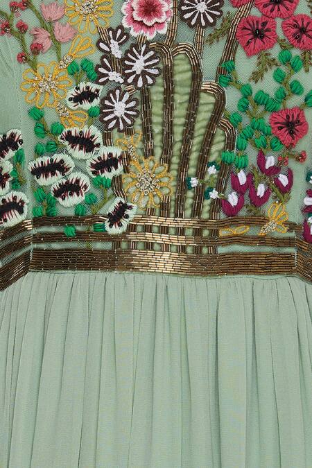 Huemn_Green Silk Georgette Embroidered Sequins Round Embellished Gown  _at_Aza_Fashions