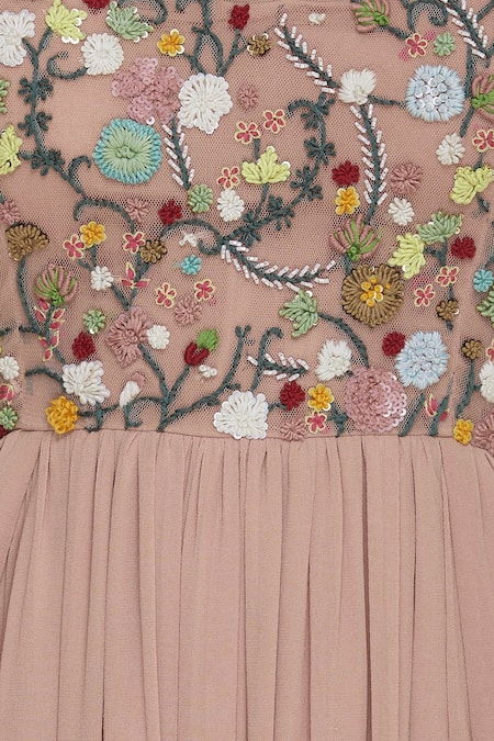 Huemn_Pink Silk Embroidered Beads Notched Net Bodice And Pleated Skirt Gown  _at_Aza_Fashions