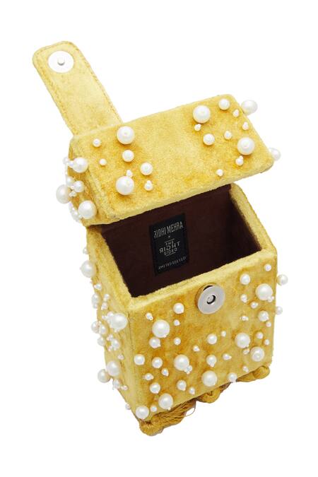 The Right Sided X Ridhi Mehra_Gold Pearl Embellished Square Box Clutch_Online_at_Aza_Fashions
