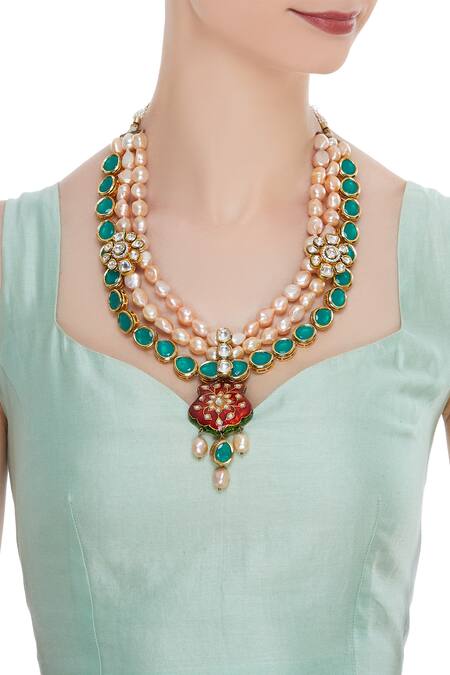 Shop_Moh-Maya By Disha Khatri_Multi Color Meenakari Pendant Necklace With Pearls_at_Aza_Fashions