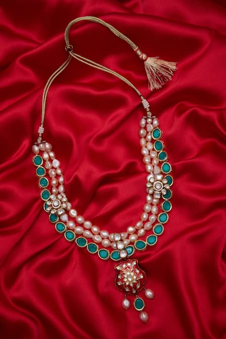 Moh-Maya by Disha Khatri Multi Color Meenakari Pendant Necklace With Pearls