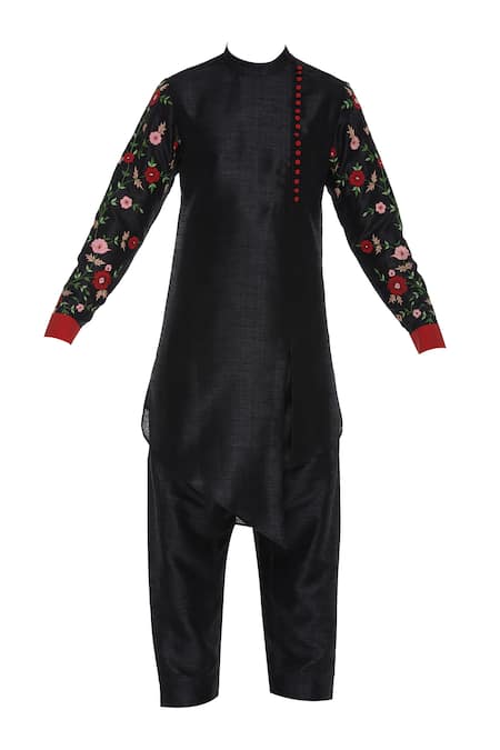 Buy_Sol By Piyush Dedhia_Black Cotton Embroidered Floral Kurta With Salwar  _Online_at_Aza_Fashions