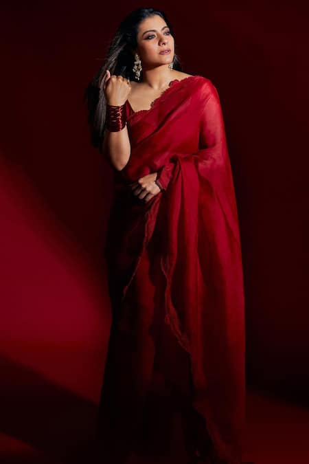 Kapardara Red Silk Organza Embroidery Thread Border Saree  