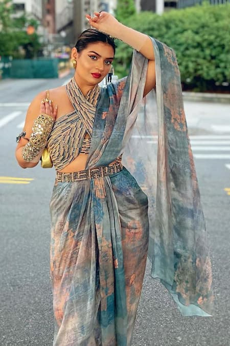Nirmooha_Grey Chiffon Abstract And Cording Halter Pre-draped Saree With Blouse _at_Aza_Fashions