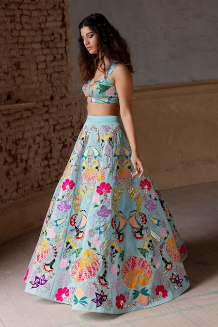 Aisha Rao Blue Raw Silk, Organza Sweetheart Neck Embroidered Bridal Lehenga Set Online at Aza Fashions Aisha Rao_Blue Raw Silk, Organza Sweetheart Neck Embroidered Bridal Lehenga Set _Online_at_Aza_Fashions