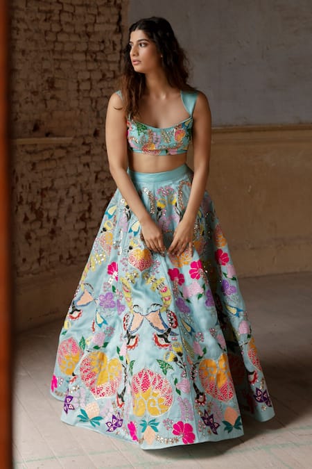 Shop Aisha Rao Blue Raw Silk, Organza Sweetheart Neck Embroidered Bridal Lehenga Set at Aza Fashions Shop_Aisha Rao_Blue Raw Silk, Organza Sweetheart Neck Embroidered Bridal Lehenga Set _at_Aza_Fashions