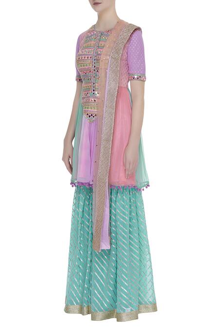 Shop Avnni Kapur Multi Color Georgette Embroidery Gota Round Pati Work Kurta Sharara Set Online at Aza Fashions Shop_Avnni Kapur_Multi Color Georgette Embroidery Gota Round Pati Work Kurta Sharara Set_Online_at_Aza_Fashions