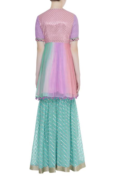 Avnni Kapur Multi Color Georgette Embroidery Gota Round Pati Work Kurta Sharara Set Online at Aza Fashions Avnni Kapur_Multi Color Georgette Embroidery Gota Round Pati Work Kurta Sharara Set_Online_at_Aza_Fashions