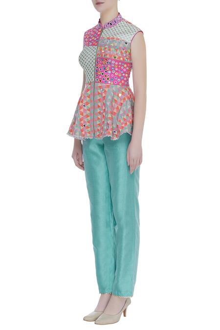 Avnni Kapur Blue Banarasi Embroidery Mirror Band Collar Peplum Top With Pants Online at Aza Fashions Avnni Kapur_Blue Banarasi Embroidery Mirror Band Collar Peplum Top With Pants_Online_at_Aza_Fashions