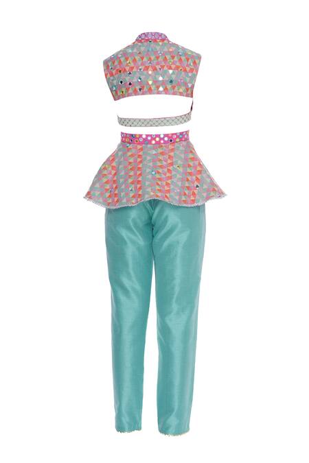 Shop Avnni Kapur Blue Banarasi Embroidery Mirror Band Collar Peplum Top With Pants Online at Aza Fashions Shop_Avnni Kapur_Blue Banarasi Embroidery Mirror Band Collar Peplum Top With Pants_Online_at_Aza_Fashions