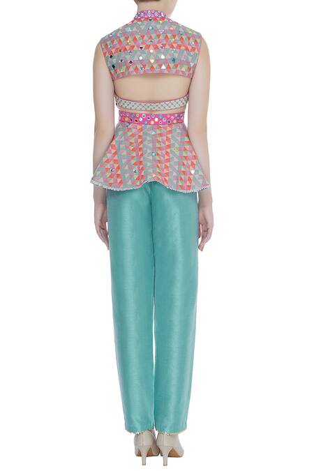 Shop Avnni Kapur Blue Banarasi Embroidery Mirror Band Collar Peplum Top With Pants at Aza Fashions Shop_Avnni Kapur_Blue Banarasi Embroidery Mirror Band Collar Peplum Top With Pants_at_Aza_Fashions
