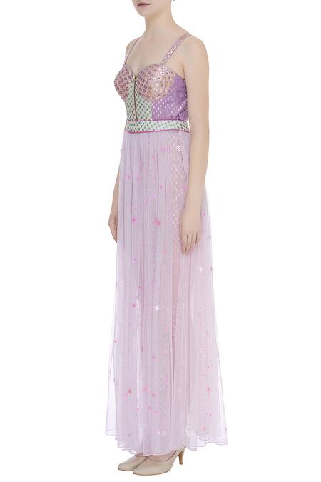 Avnni Kapur Purple Banarasi Embroidery Sequin Embellished Jumpsuit With Gathered Skirt Online at Aza Fashions Avnni Kapur_Purple Banarasi Embroidery Sequin Embellished Jumpsuit With Gathered Skirt_Online_at_Aza_Fashions