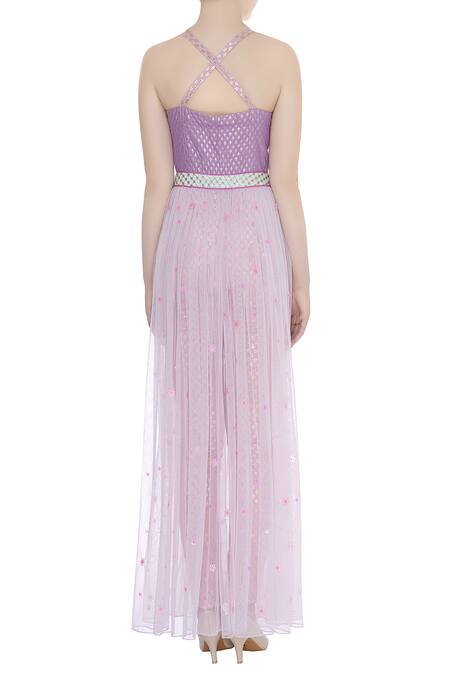 Shop Avnni Kapur Purple Banarasi Embroidery Sequin Embellished Jumpsuit With Gathered Skirt at Aza Fashions Shop_Avnni Kapur_Purple Banarasi Embroidery Sequin Embellished Jumpsuit With Gathered Skirt_at_Aza_Fashions