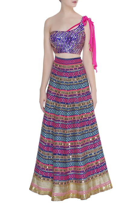 Shop_Avnni Kapur_Multi Color Banarasi Embroidery Mirror Work One Shoulder Lehenga Set_Online_at_Aza_Fashions