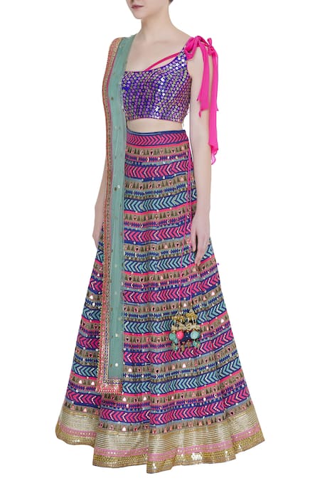 Buy_Avnni Kapur_Multi Color Banarasi Embroidery Mirror Work One Shoulder Lehenga Set_Online_at_Aza_Fashions