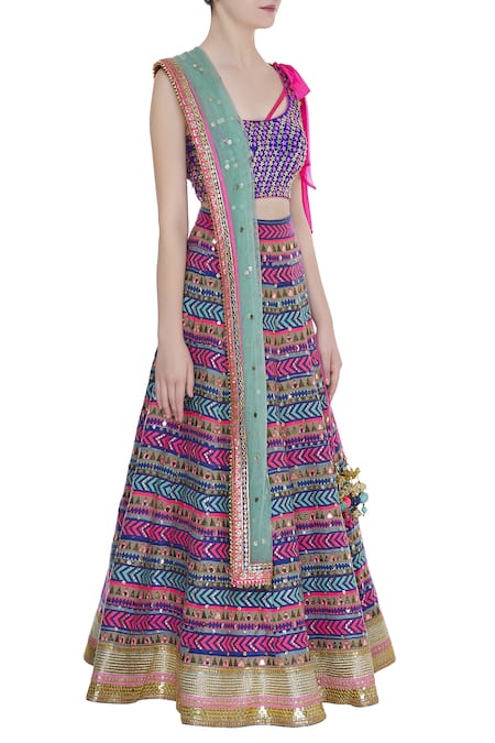 Avnni Kapur_Multi Color Banarasi Embroidery Mirror Work One Shoulder Lehenga Set_Online_at_Aza_Fashions