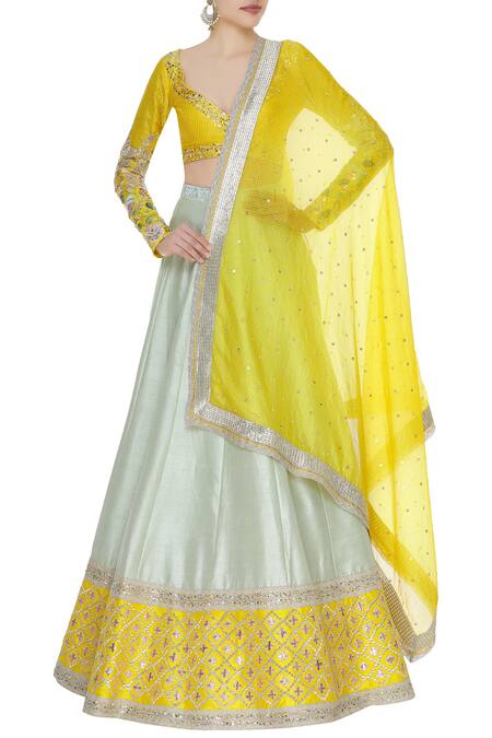 Blue Lotus Design Yellow Embroidered Lehenga With Blouse And Dupatta