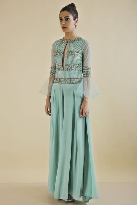 Neha Khullar_Green Georgette Embroidery Pleated Jumpsuit For Kids_Online_at_Aza_Fashions