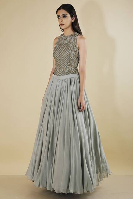 Neha Khullar_Gray Chiffon Embroidery Grey Flared Pleated Skirt Set_Online_at_Aza_Fashions