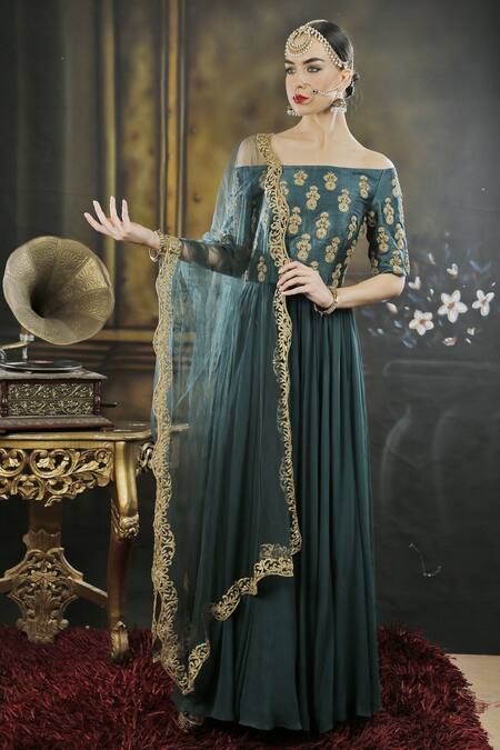 Neha Khullar_Green Silk, Net, Georgette Nalki And Dori One Shoulder Off Anarkali With Dupatta _Online_at_Aza_Fashions